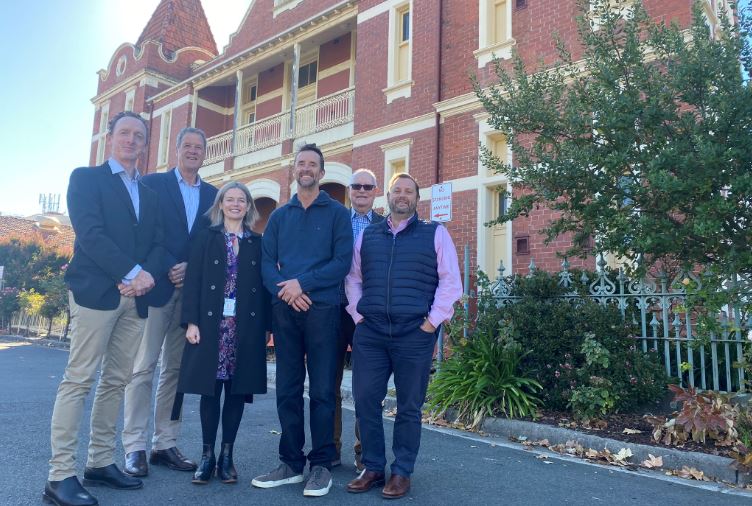 L-R: Velorats Team Members Paul Esmonde, Garry Trotter and Ross Huntington and joined by Claire Woods, Chief People Officer Grampians Health, and Ballarat Health Services Foundation Chair Lindsay Florence and Treasurer Tim Bodey.