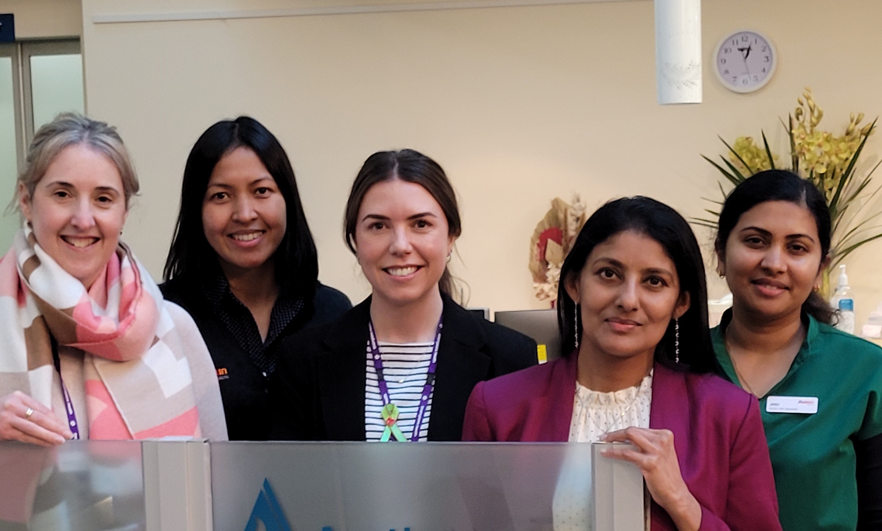 Michelle Braybrook (Clinical Trails Coordinator), Lucille Scott (Radiation Therapist), Jayme Goldsmith (Colorectal Cancer Coordinator), Thanuja Thachil (Radiation Oncologist) and Jinu Andrews (Nurse Unit Manager).
