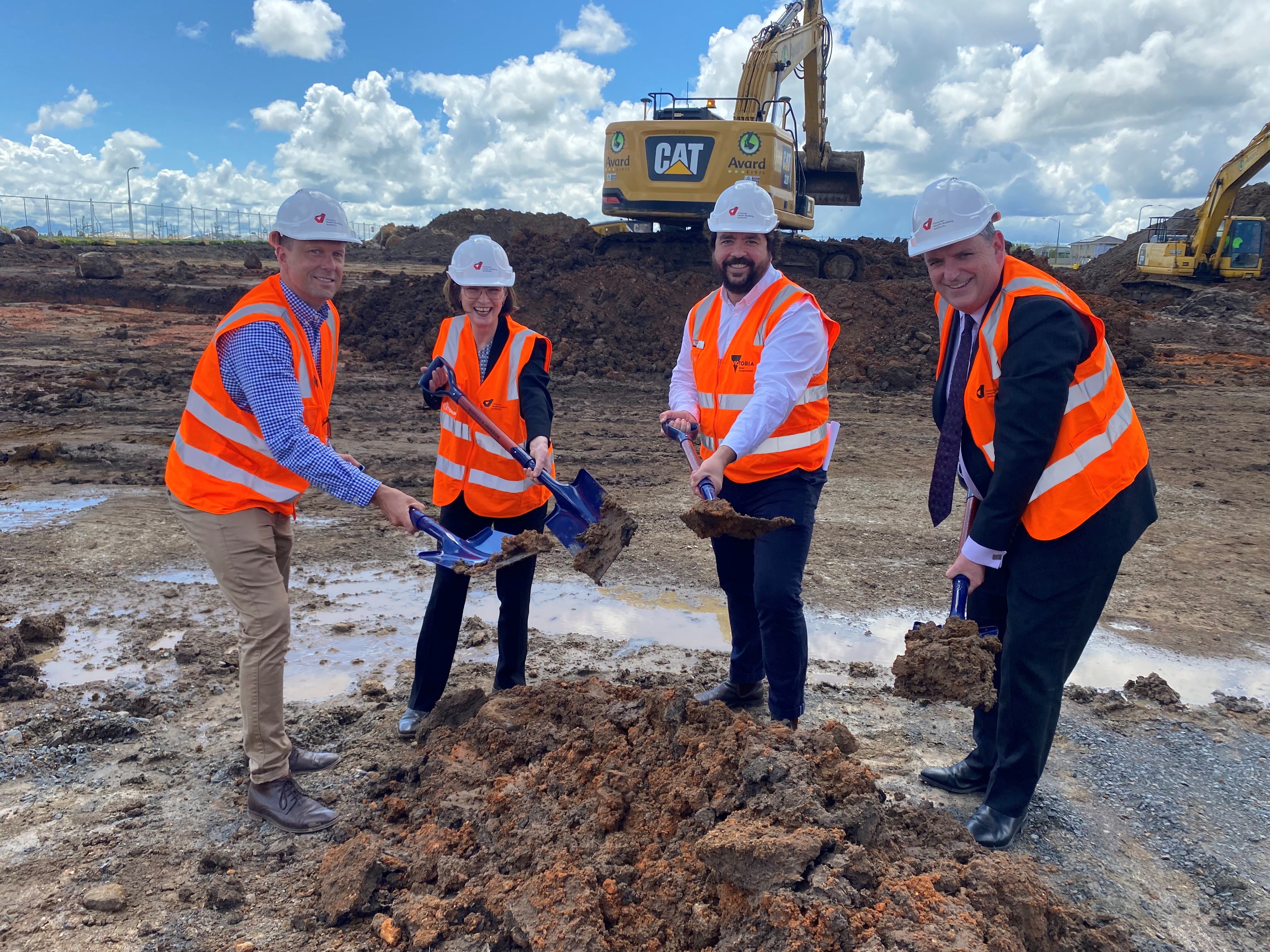 Victorian Health Building Authority's Chris Browne, Health Minister Mary-Anne Thomas, Victorian Health Building Authority's Executive Director Health Capital Trent Burke and Grampians Health CEO Dale Fraser at the site of the new Early Parenting Centre in Lucas.